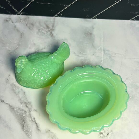 Mini Jadeite Glass Hen on Nest | Covered Chicken Dish | Mosser Glass - Picture 4 of 6